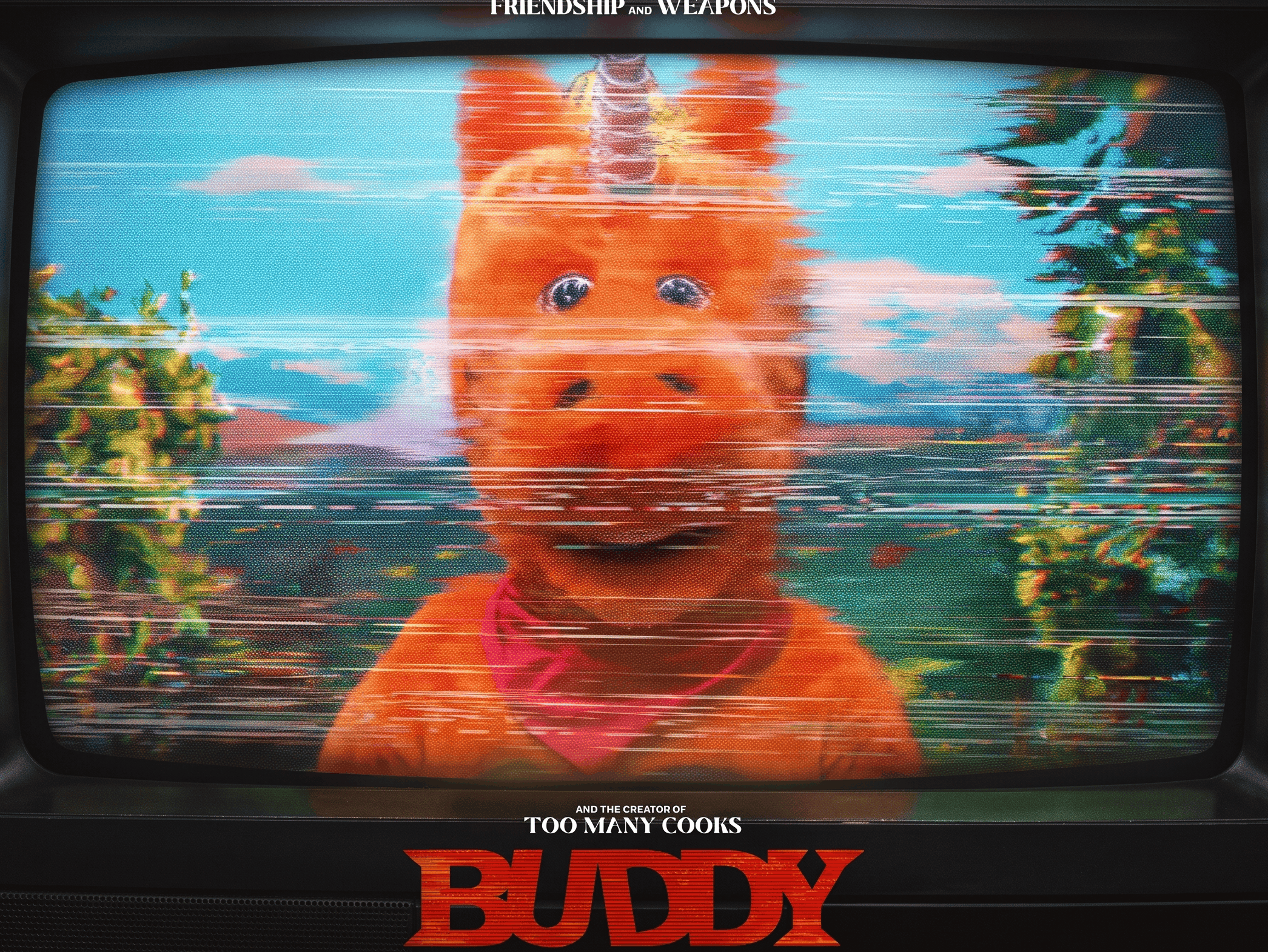 Buddy, an orange unicorn, smiling on a pink retro television